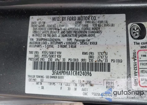 2012 Ford Fusion Se z USA, uszkodzony, nr VIN 3FAHP0HA1CR424096